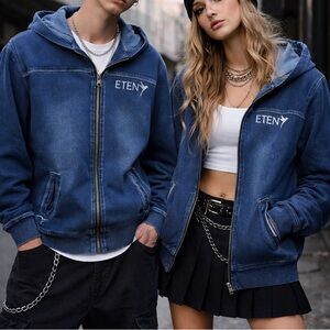 Unisex Denim Zip Hoodie Grunge Streetwear cozy oversized grunge Y2K look size L